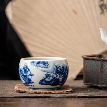Antique-Style Overglaze Blue and White Eighteen Arhat Master Cup, Single Cup, High-End Special Ceramic with Internal Painting for Tea Tasting and Kung Fu Tea Drinking
