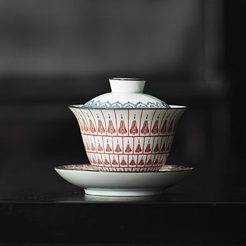 Dunhuang Cultural and Creative Thousand Buddhas Three-Talent Covered Bowl Single High-End Ceramic Cup Blue and White Ceramic Kung Fu Tea Set Tea Bowl for Home Use