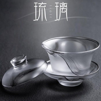 Ink Painting Style Glass Tea Cup with Lid, Household Anti-Scalding Tea Bowl with Lid, Kung Fu Tea Set, Single High-End Glass Cup