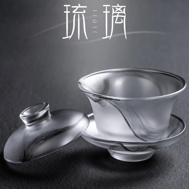 Ink-wash colored glaze Sancai covered bowl tea cup household anti-scalding tea bowl with lid Kung Fu tea set glass single high-end