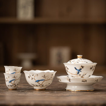 Suet-Fat Jade Dehua White Porcelain Sancai Large Covered Bowl Single High-End Thin Body Kung Fu Tea Set Ceramic Tea Cup