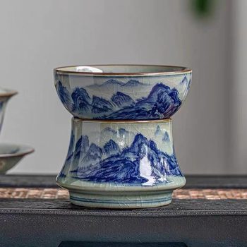 Old Pottery Blue and White Ceramic High-End Tea Strainer, Tea Filter, Tea Brewing Tool, Tea Leaf Filter Net, Separate Holder, Tea Set Accessories