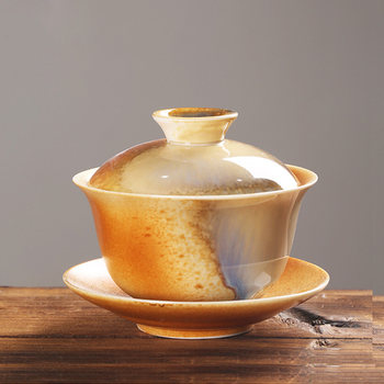 Hand-Painted Wood-Fired Ceramic Kiln-Transformed Three-Piece Lidded Tea Cup, Single High-End Tea Bowl with Lid, Wood-Fired Kiln Kung Fu Tea Set