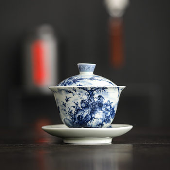 Blue and White Porcelain Antique-Style Three-Piece Lidded Tea Cup, Personal Use Tea Bowl, Large High-End Household Kung Fu Tea Set