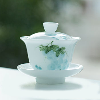 Hand-Painted Underglaze Ice Jade Porcelain Three-Piece Lidded Bowl, Can Be Used as a Floating Tea Bowl, Single High-End White Porcelain Kung Fu Tea Set