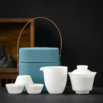 Ice Jade Porcelain Quick Cup, Plain-Fired Jade Porcelain Covered Bowl, Portable Outdoor Travel Tea Set, One Pot and Three Cups