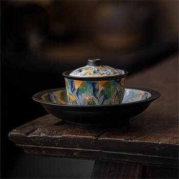 Master Hand-Painted Dunhuang Wood-Fired Tenmoku Glaze Kung Fu Three-Talent Gaiwan, Single High-End Ceramic Tea Bowl with Lid, Tea Set