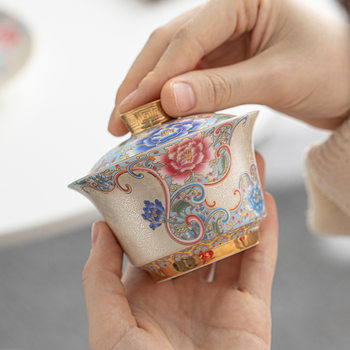 Filigree Silver Enamel Three-Piece Lidded Bowl, Single High-End Kung Fu Tea Set, Tea Cup with Lid, Non-Hot to the Touch, 2026 New Model