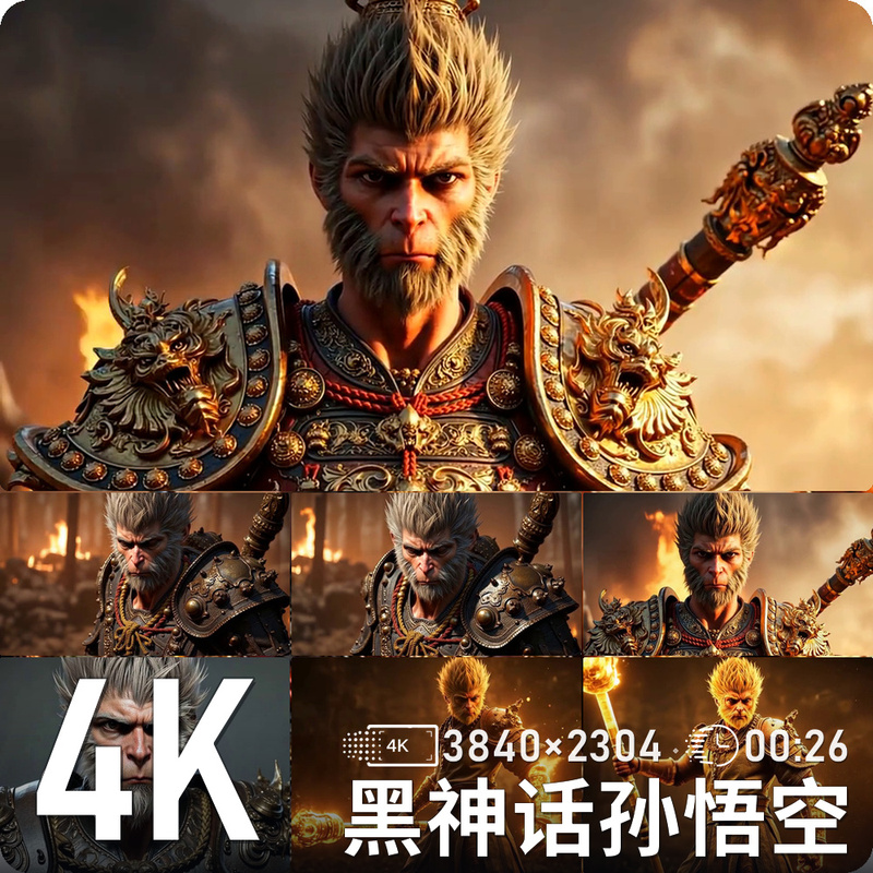 Golden-Armed Sun Wukong Holding a Flame-Golden Staff, Intense Battle Close-Up Scene, High-Definition Dynamic Background Video Footage