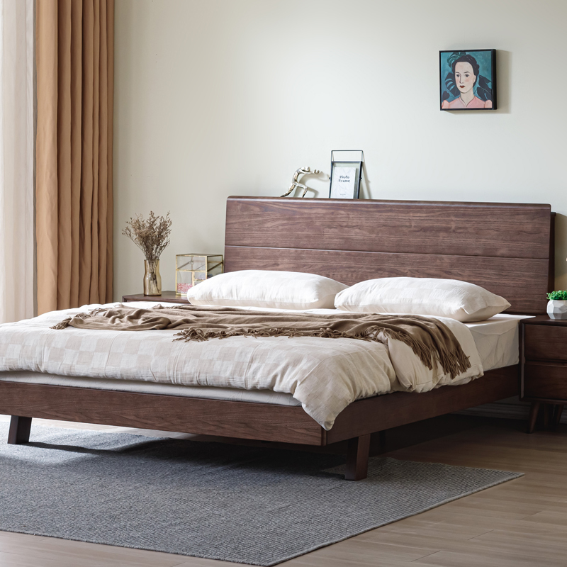 Medieval Style Solid Wood Bed, Modern Minimalist Double Bed, 1.8m Master Bedroom Black Walnut Large Bed for Home Use in Small Apartments