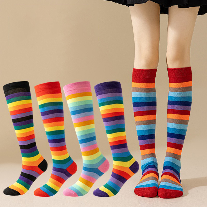 Colorful Striped Long Socks for Holiday Parties, Cosplay, Anime, Jk, Lolita, Rainbow Calf Socks, Slouch Socks