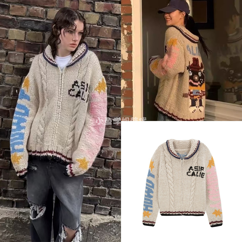 Authentic In-Stock Asif-Calie Cartoon Teddy Bear Jacquard Lapel Handmade Wool Knit Cardigan Sweater