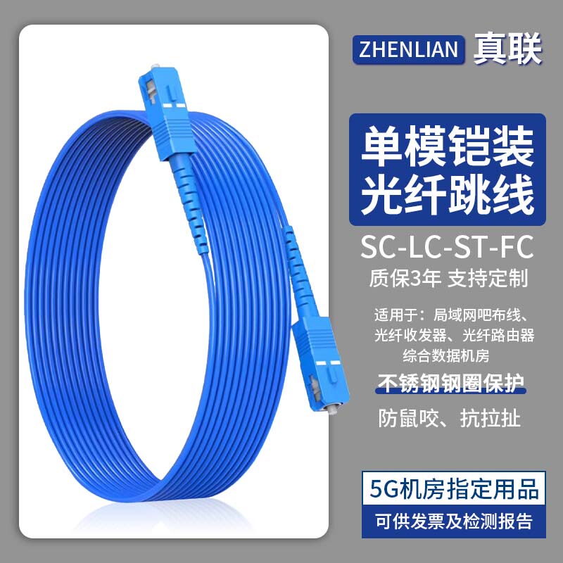 Armored Fiber Optic Patch Cord, Square Pigtail, Single-Mode, Single-Core, Dual-Core, Sc to Lc-Fc-St, 3m/5/10/20/ 50m Meters, Blue, Telecom-Grade Fiber Optic Cable, Rodent-Proof, Anti-Tensile