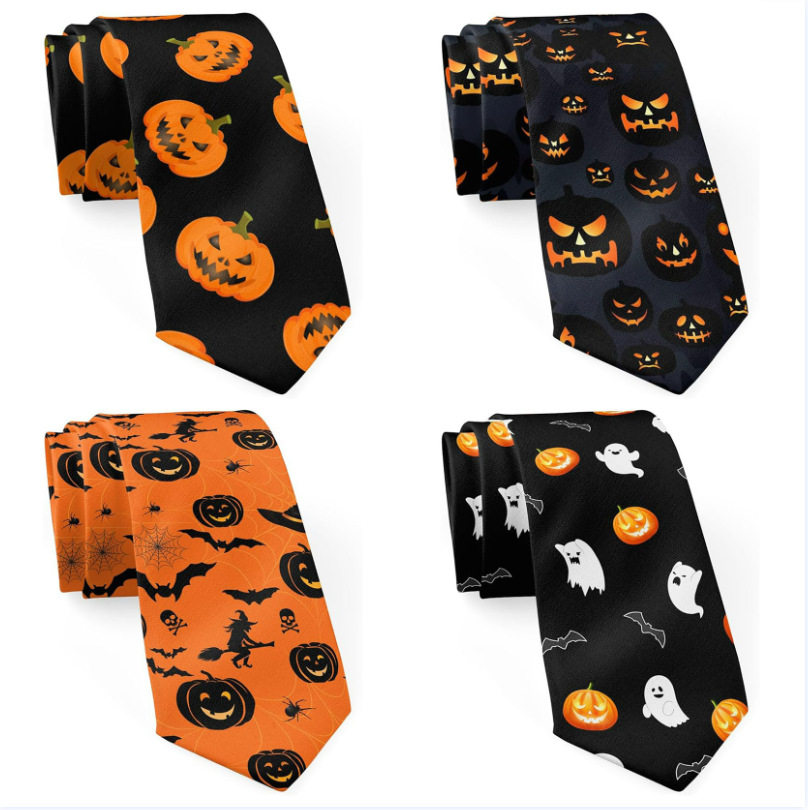 Halloween pumpkin ghost print tie, Halloween party retro funny tie, festive decoration gift