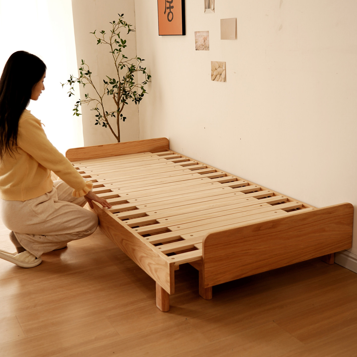 橡木伸縮兒童牀 北歐風格實木沙發牀 小戶型抽拉式牀 伸縮無牀頭實木牀 可客製化實木伸縮牀