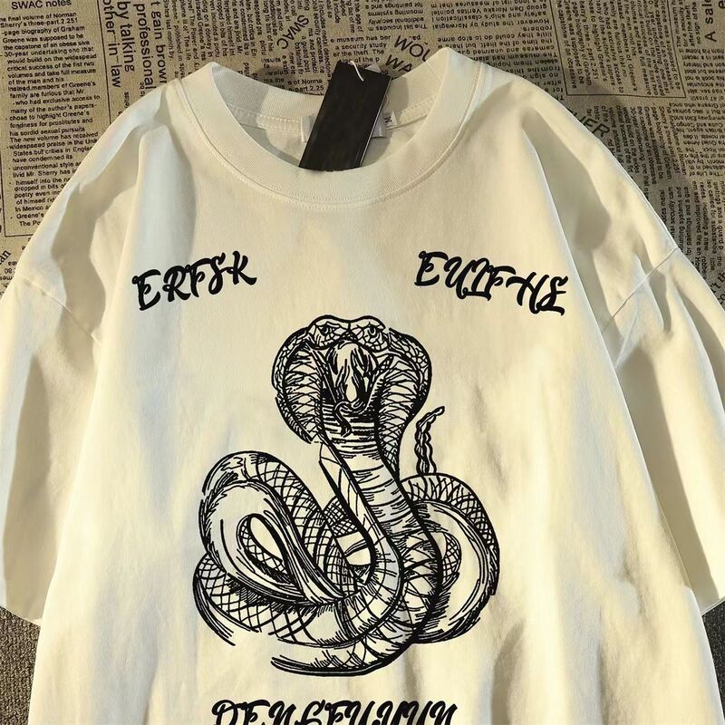 Spring and Summer New Style Cobra Print Short-Sleeved T-Shirt for Boys and Girls, Trendy and Cool, Loose-Fitting Pure Cotton Half-Sleeve Shirt for Older Children
