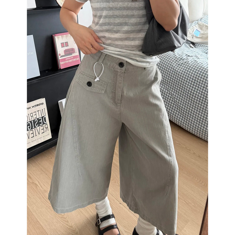 Washed Cotton Slub Pattern Cropped Denim Pants for Women, Summer 2026 New High-Waisted Slimming Casual Wide-Leg Mid-Length Pants