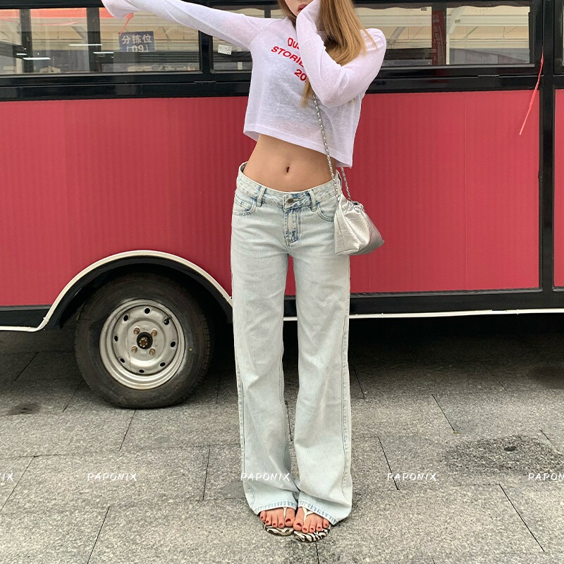 Paponix Light Ice Blue Low-Waisted Flared Jeans for Women, New Summer Style, Loose, Slimming, Casual Floor-Length Pants