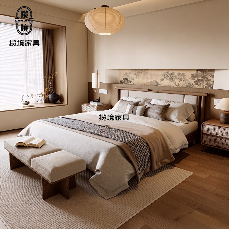 Song-Style Aesthetic Solid Wood Double Bed 2m Bedroom Soft Backrest Bed Zen-Style Guesthouse Master Bedroom Bed Made of Ash Wood Song-Style Aesthetic Solid Wood Double Bed 2m Bedroom Soft Backrest Bed Zen-Style Guesthouse Master Bedroom Bed Made of Ash Wood