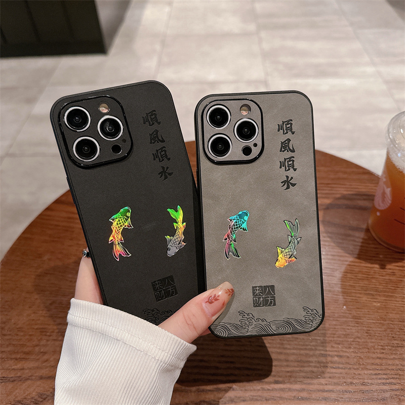 Apple 16 Pro Laser Aurora Koi Pisces Apple 15 Pro Max Phone Case New iPhone 14 Pro Max Matte 12 Couple Color-Changing Leather Texture 13 Full-Cover Lens Protective Case 11/XS