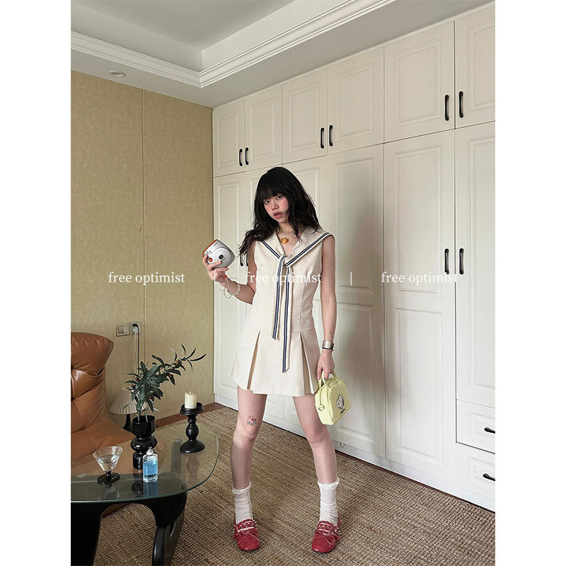 Free Optimist Blue and White Color-Blocked Navy Collar Elegant Waist-Cinching Dress Summer New Jumpsuit Dress for Women