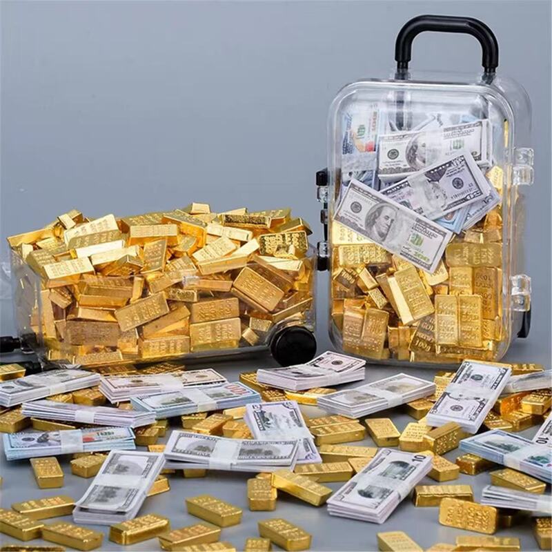 Miniature Money, Gold Bars, Small Banknotes, Fake Money, Paper Money, Realistic Suitcase Model, Scene Props, Pretend Play Toys