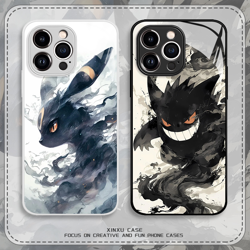 Ink-Style Pokémon Phone Case Suitable for Apple 17 Pro Max Gengar iPhone 16 Eevee 15 Pikachu 14 Pro Glass 13 Mini Male 12 New Model X/8 Plus/Xr/Xs/7/11/Se