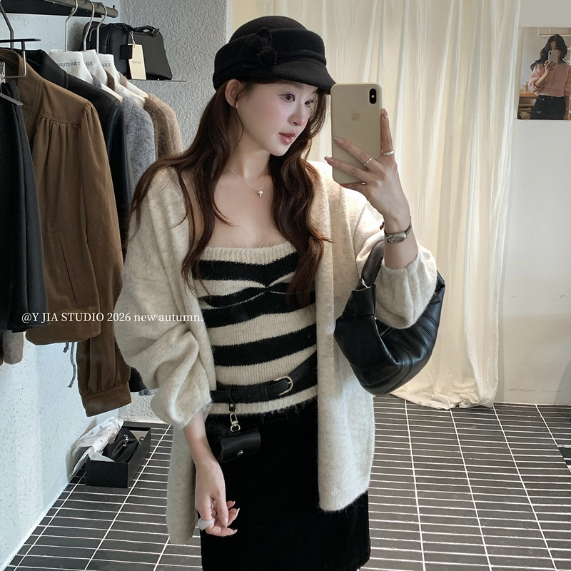 Y.Jia Yijia-Color-Contrasting Pleated Striped Tube Top + Loose Slimming Knitted Cardigan Set Ys6-532 Y.Jia Yijia-Color-Contrasting Pleated Striped Tube Top + Loose Slimming Knitted Cardigan Set Ys6-532