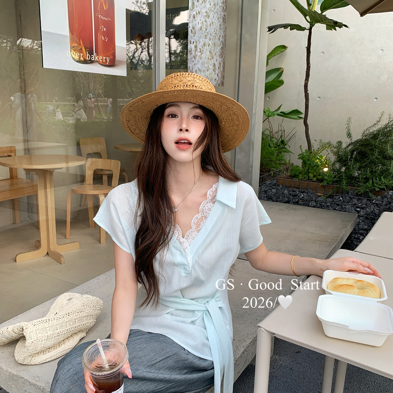 Gs.Good Start - Main Workplace Aesthetic Summer Gentle Temperament Lace Patchwork Waist-Cinching Blouse N0980V