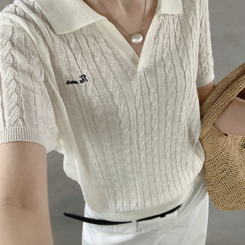 Clearance - T.G Patterned Breathable Textured Letter Embroidery Polo Collar Knit Sweater 26549 Original Price 105 Yuan Clearance - T.G Patterned Breathable Textured Letter Embroidery Polo Collar Knit Sweater 26549 Original Price 105 Yuan