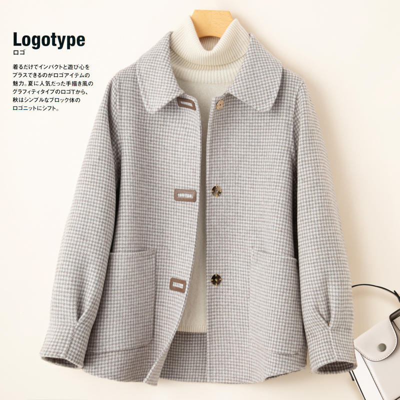 Short Double-Sided Wool Coat for Petite Women, Houndstooth Double-Sided Fleece Jacket with Doll Collar, Plus-Size Tweed Coat for Mothers