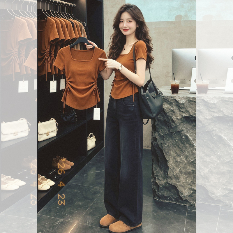 Caramel Brown Square-Neck Drawstring Waist Slim-Fit Short-Sleeve T-Shirt for Women, 2026 Summer French Simple and Stylish Top Caramel Brown Square-Neck Drawstring Waist Slim-Fit Short-Sleeve T-Shirt for Women, 2026 Summer French Simple and Stylish Top