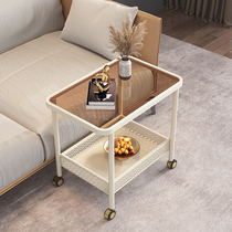 Nordic glass movable sofa side table simple modern square corner table light luxury bedside side cabinet coffee table trolley