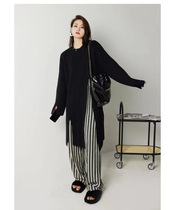 New high goods Lulu slightly fat mm large size round neck side slit long sweater for women spring and autumn new design sense needle