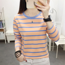 Watsons fat mm plus size loose slimming long-sleeved T-shirt womens spring and autumn striped belly-covering bottoming shirt pure cotton