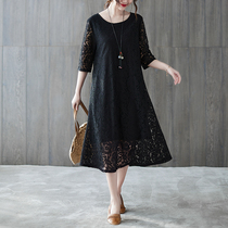 Fat Fairy Plus Size Womens Clothes Covering Flesh Lace Dress Womens Mid-Sleeve Summer 2023 New Style Slimming Long Skirt