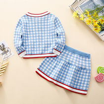 Childrens clothing spring girls pure cotton plaid cardigan sweater coat childrens skirt two-piece suit baby fashionable skirt