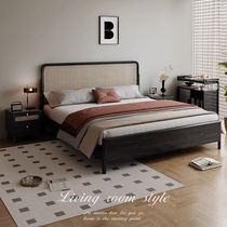 Wabi-sabi style retro solid wood bed modern simple 1 5m master bedroom double bed rattan storage Nordic bed and breakfast