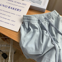 Fat sister washed cotton denim shorts womens summer 2024 new elastic waist straight casual wide leg five-quarter pants