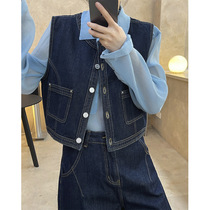Louvre autumn new fashionable literary retro original cow style collarless denim vest high waist short sleeveless vest for women