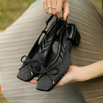 3507-16 Polka Dot Diamond Black Mary Jane Shoes Womens Thick Heel Square Toe Bow Tie Back Sandals Spring and Summer New Style