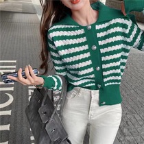 High-end autumn and winter new Korean style navy collar temperament striped knitted versatile casual sweater jacket knitted cardigan soft
