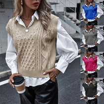 European and American cross-border foreign trade sweater womens fashionable knitted vest autumn and winter new vest sleeveless cable V-neck top