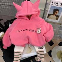 Girls hooded velvet sweatshirt suit autumn and winter new baby girl fashionable warm tops and leggings two-piece set