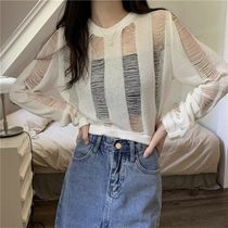 Hollow knitwear womens spring design ripped blouse summer hot girl loose thin air-conditioning shirt short top