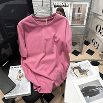 Fat mm plus size womens pure cotton T-shirt summer new style right shoulder round hem loose slimming half-sleeved white bottoming top