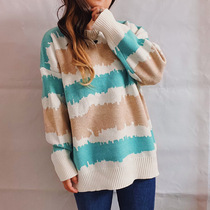2023跨境新款亚马逊速卖通不规则条纹圆领长袖休闲针织套头衫毛衣