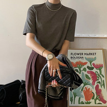 Fat girl half-high collar right shoulder short-sleeved T-shirt for women spring and summer inner layering shirt chic and high-end brushed top