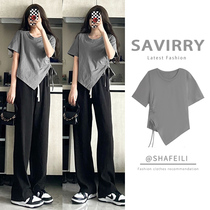 Right shoulder short-sleeved t-shirt tops for women summer new design niche short style slightly fat slim chic and small