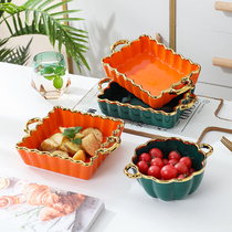 Nordic light luxury ceramic salad bowl gold-rimmed emerald baking tray dessert bowl household tableware high-looking orange